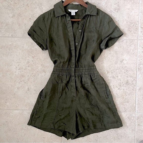 Athleta Pants - Athleta Linen Olive Green Button-Up Pocketed Summer Festival Boho Romper